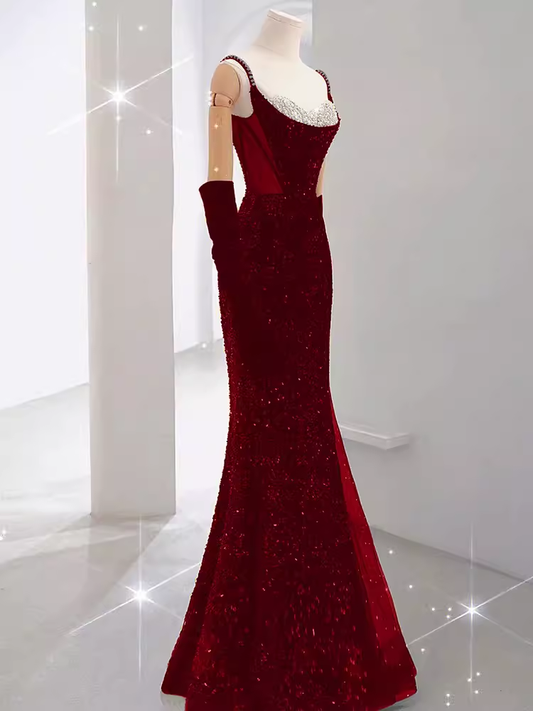 Mermaid Straps Sequin Red Backless Long Prom Dresses P1060
