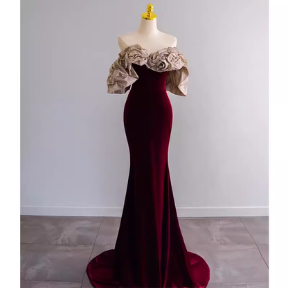 Meerjungfrau Trägerloses Weinrotes Langes Ballkleid P1136