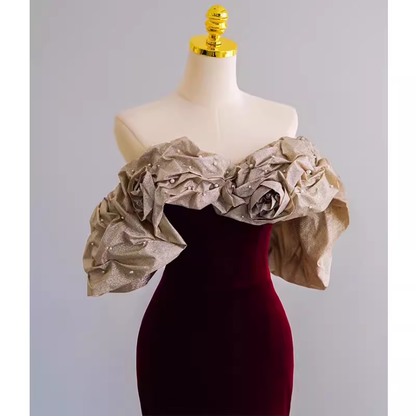 Meerjungfrau Trägerloses Weinrotes Langes Ballkleid P1136