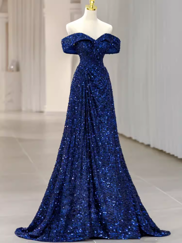 Off-the-Shoulder Royal Blue Prom Dress Mermaid With Beads Simple gentle atmospheric and unique design  ﻿ main image 1