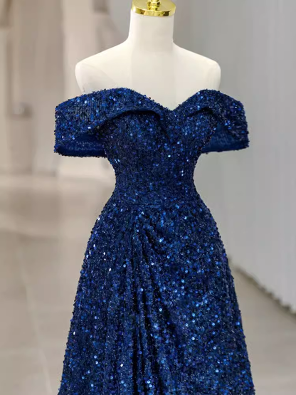 Robes de bal élégantes coupe trapèze bleu roi à épaules dénudées, robes de soirée formelles P1140
