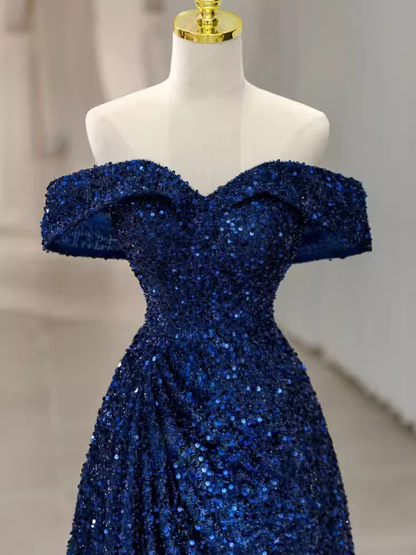 Robes de bal élégantes coupe trapèze bleu roi à épaules dénudées, robes de soirée formelles P1140
