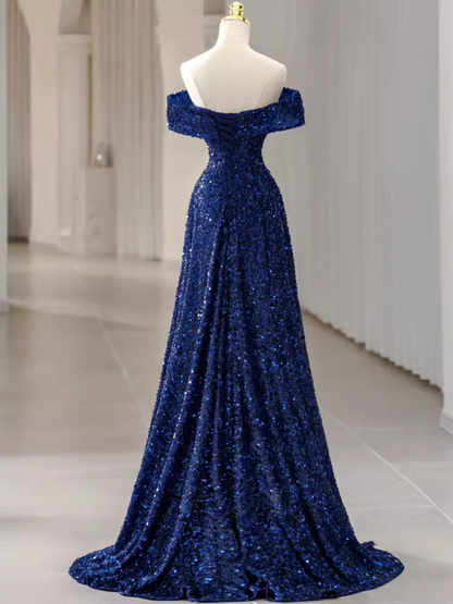 Robes de bal élégantes coupe trapèze bleu roi à épaules dénudées, robes de soirée formelles P1140