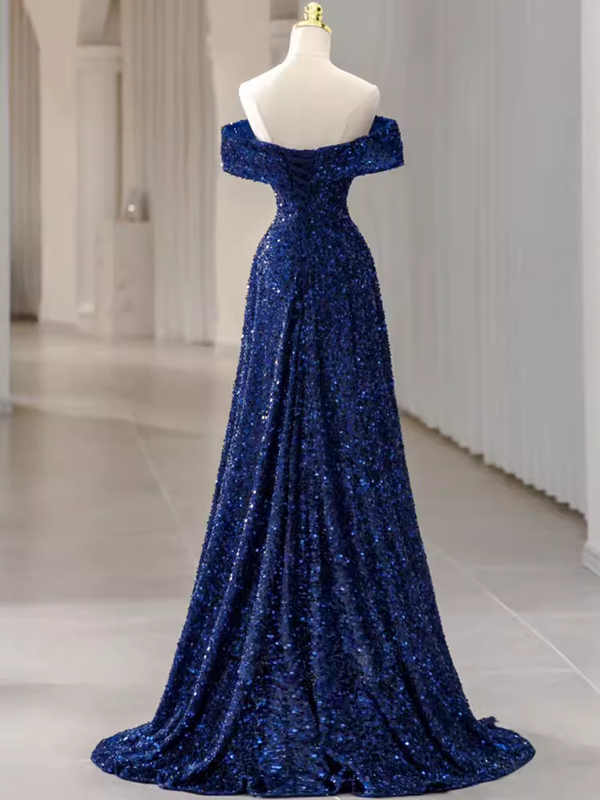 Royal Blue A-Line Pleated Off-Shoulder Prom Dress, Elegant Floor-Length Charmeuse Gown