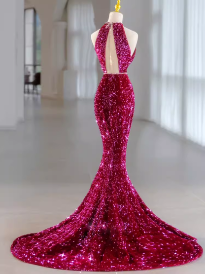 Modest Mermaid Long Sleeveless Sequin Prom Dresses P1232