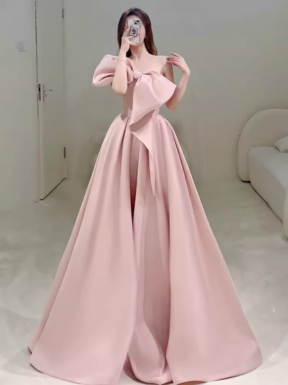 Bescheidene A-Linie Trägerloses Langes Ärmelloses Satin Rosafarbenes Ballkleid P1233