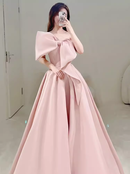 Modest A Line Strapless Long Sleeveless Satin Pink Prom Dresses P1233   PreppyDress