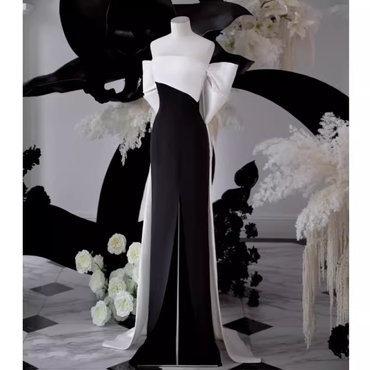 Modest A Line Strapless Long Sleeveless Satin Black Prom Dresses P1234