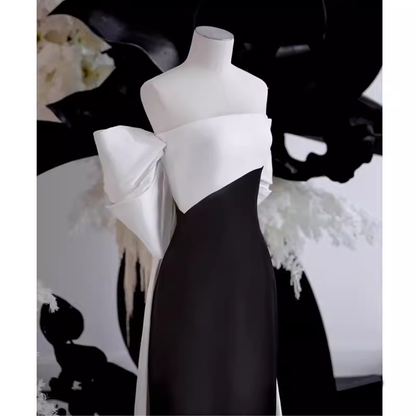 Bescheidene A-Linien Trägerlose Lange Ärmellose Satin Schwarze Ballkleider P1234