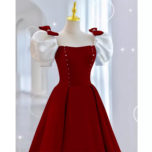 Modest A Line Long Short Sleeves Satin Red Prom Dresses P1235