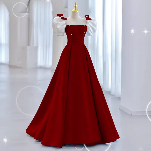 Modest A Line Long Short Sleeves Satin Red Prom Dresses P1235