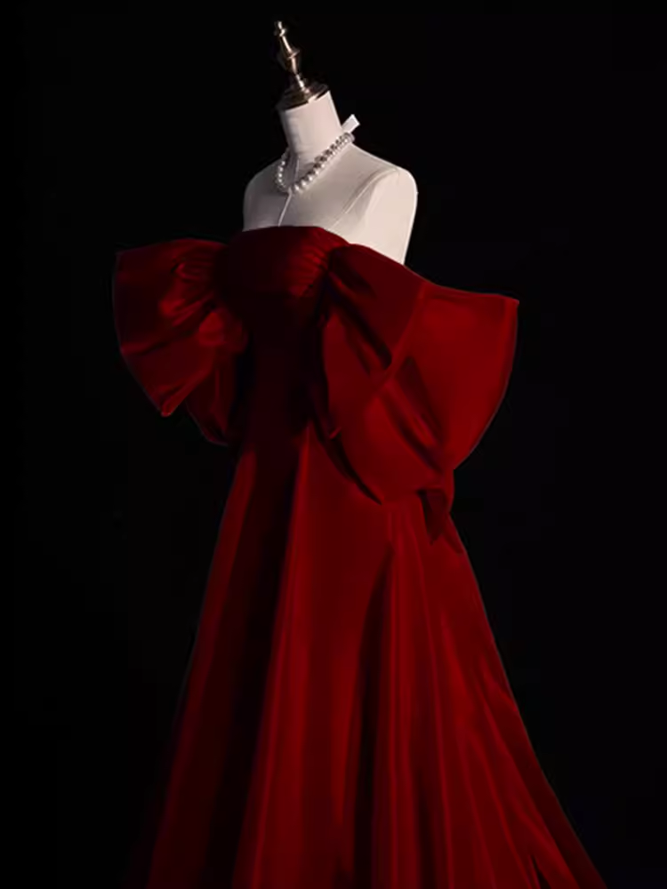 Modest A Line Strapless Long Short Sleeves Satin Red Prom Dresses P1236