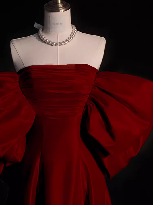 Modest A Line Strapless Long Short Sleeves Satin Red Prom Dresses P1236