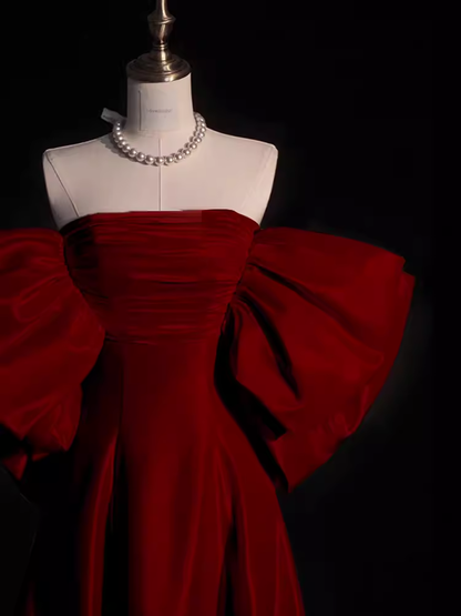 Modest A Line Strapless Long Short Sleeves Satin Red Prom Dresses P1236