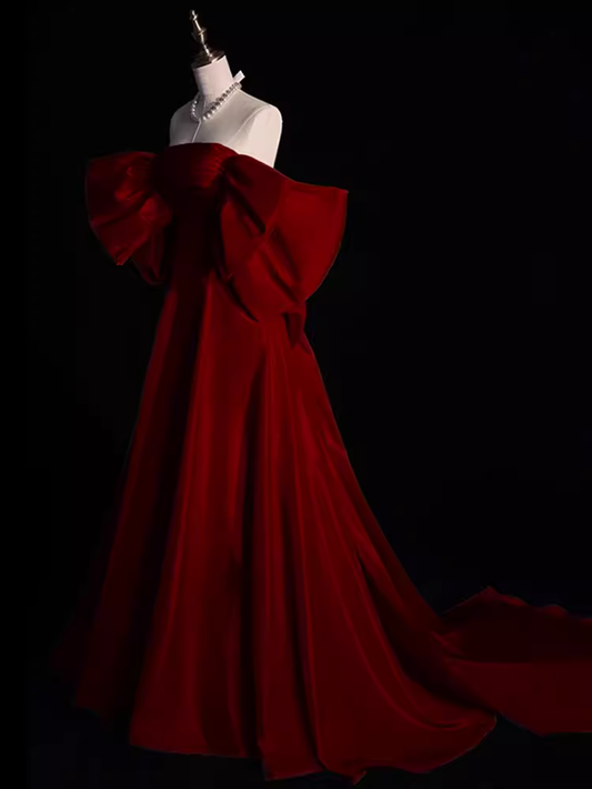 Modest A Line Strapless Long Short Sleeves Satin Red Prom Dresses P1236