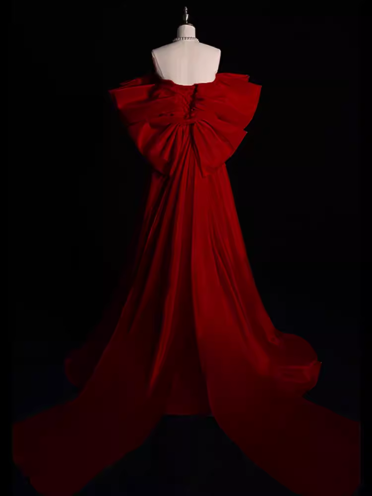 Modest A Line Strapless Long Short Sleeves Satin Red Prom Dresses P1236