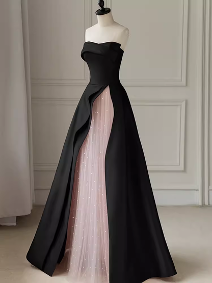 Modest A Line Strapless Long Satin Black Prom Dresses P1237