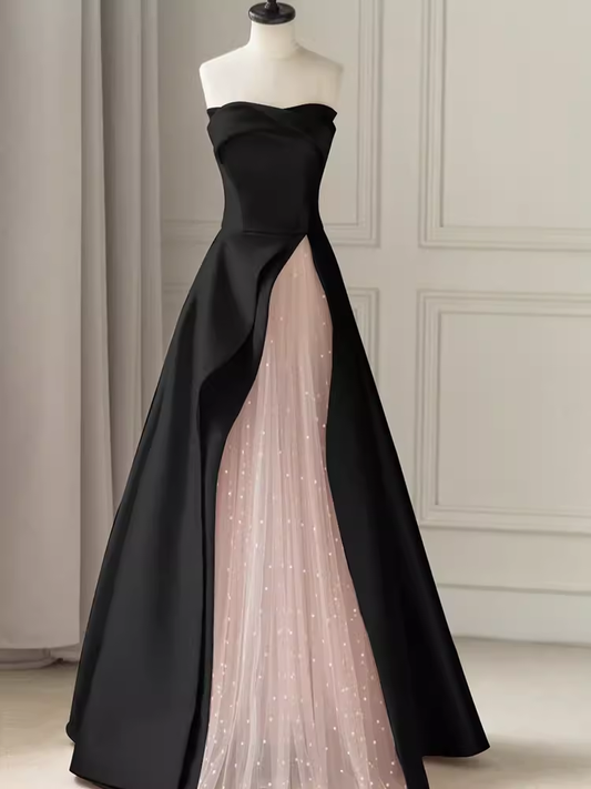 Modest A Line Strapless Long Satin Black Prom Dresses P1237