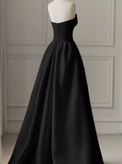 Modest A Line Strapless Long Satin Black Prom Dresses P1237