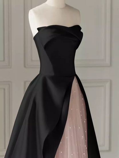 Modest A Line Strapless Long Satin Black Prom Dresses P1237