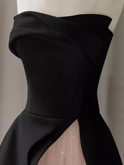 Modest A Line Strapless Long Satin Black Prom Dresses P1237
