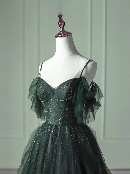 Grünes, perlenbesetztes Träger-Abendkleid aus Tüll mit langen Lagen P1305