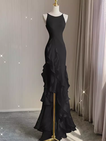 Elegantes, langes, schwarzes A-Linien-Chiffon-Ballkleid für Damen, Abendkleid P1318