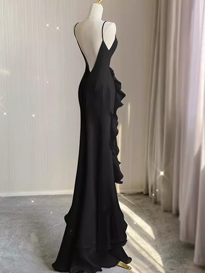 Elegantes, langes, schwarzes A-Linien-Chiffon-Ballkleid für Damen, Abendkleid P1318