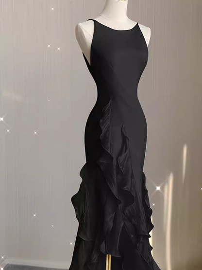 Elegantes, langes, schwarzes A-Linien-Chiffon-Ballkleid für Damen, Abendkleid P1318