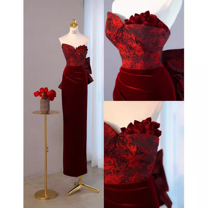 Sexy Etui Lang Senior Burgund Samt Ballkleid Festliches Kleid P1319