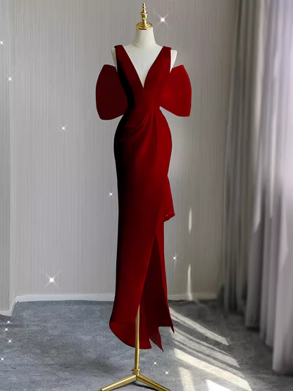 Sexy Etui-Abendkleid mit V-Ausschnitt, lang, Rot, für ältere Damen, Abschlussballkleid, formelles Kleid P1320