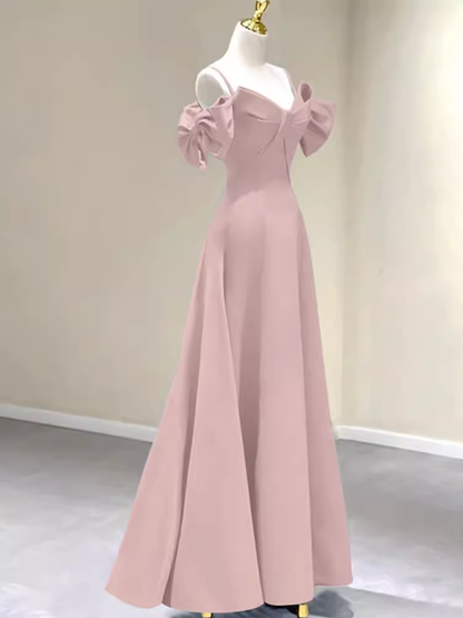 Belle robe de bal longue rose évasée à bretelles P1322