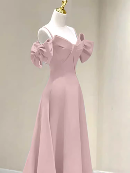 Belle robe de bal longue rose évasée à bretelles P1322