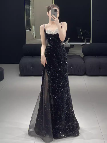 Belle robe longue de bal sirène fendue à bretelles noires P1323