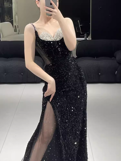 Belle robe longue de bal sirène fendue à bretelles noires P1323