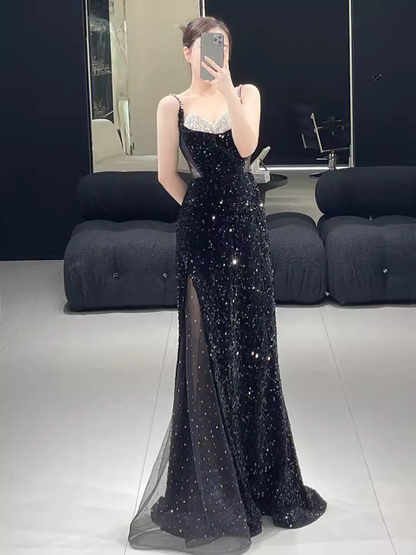 Belle robe longue de bal sirène fendue à bretelles noires P1323