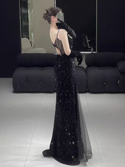 Belle robe longue de bal sirène fendue à bretelles noires P1323
