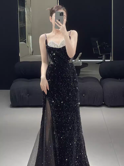 Belle robe longue de bal sirène fendue à bretelles noires P1323