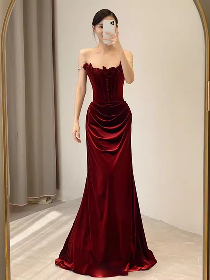 chinese dress ladies Beautiful Mermaid Strapless Red Velvet Long Prom Dress P1324