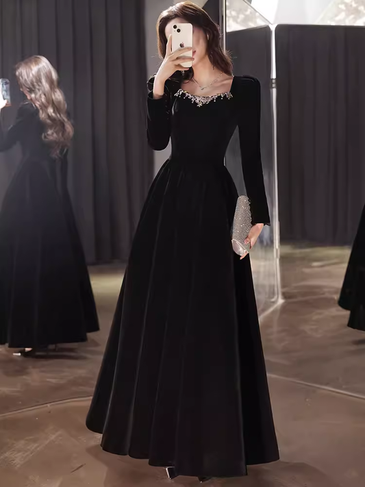 Beautiful A line Long Sleeves Black Velvet Long Prom Dress P1325
