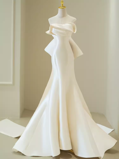 Robes de mariée sirène vintage bustier longues en satin blanc avec nœud P1326