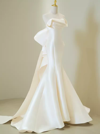 Robes de mariée sirène vintage bustier longues en satin blanc avec nœud P1326