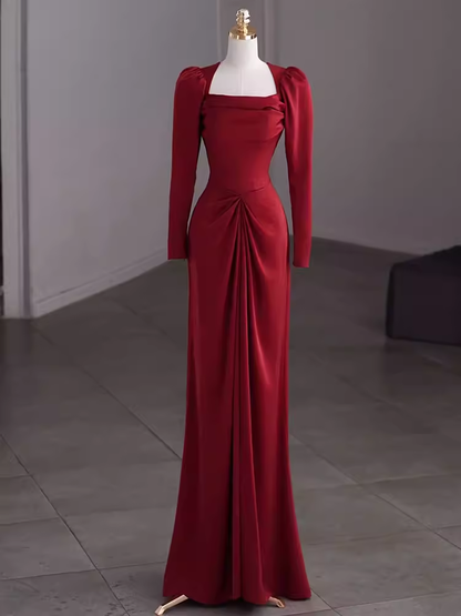 Schlichtes Etui-Kleid mit langen Ärmeln, rotes Ballkleid, Abendkleid P1364