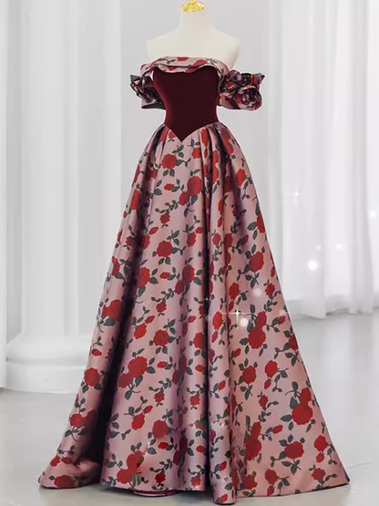 Magnifique robe de bal longue à fleurs, coupe trapèze et épaules dénudées P1328