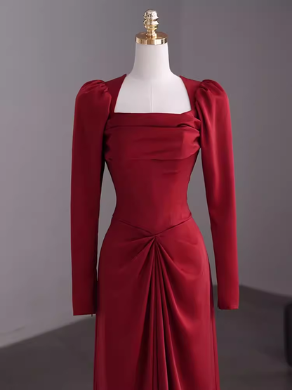 Schlichtes Etui-Kleid mit langen Ärmeln, rotes Ballkleid, Abendkleid P1364