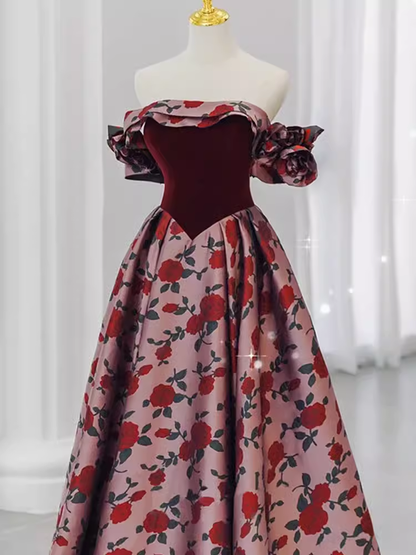 Magnifique robe de bal longue à fleurs, coupe trapèze et épaules dénudées P1328