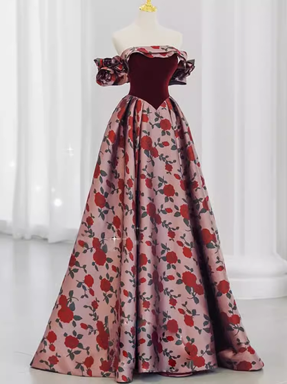 Magnifique robe de bal longue à fleurs, coupe trapèze et épaules dénudées P1328