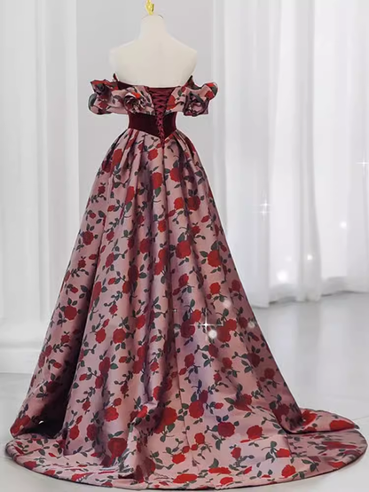 Magnifique robe de bal longue à fleurs, coupe trapèze et épaules dénudées P1328