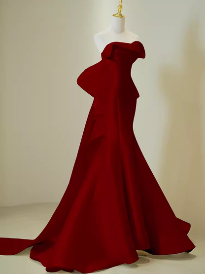 Einfaches Meerjungfrau-Trägerloses langes rotes Ballkleid Abendkleid P1365