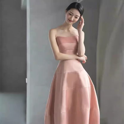 Einfaches Trägerloses Pinkfarbenes Langes Ballkleid P1368